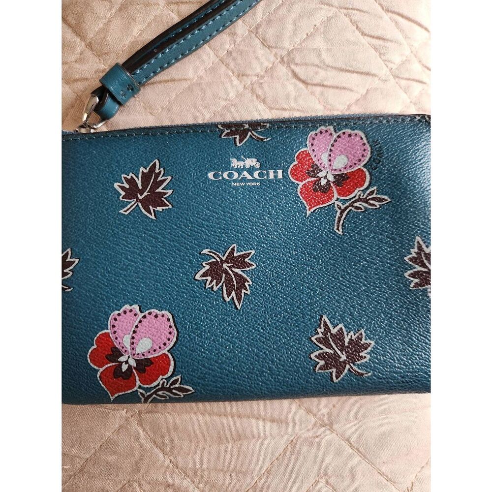 Coach Dark Teal Wristlet with Floral Design EUC (P) - Picture 2 of 9